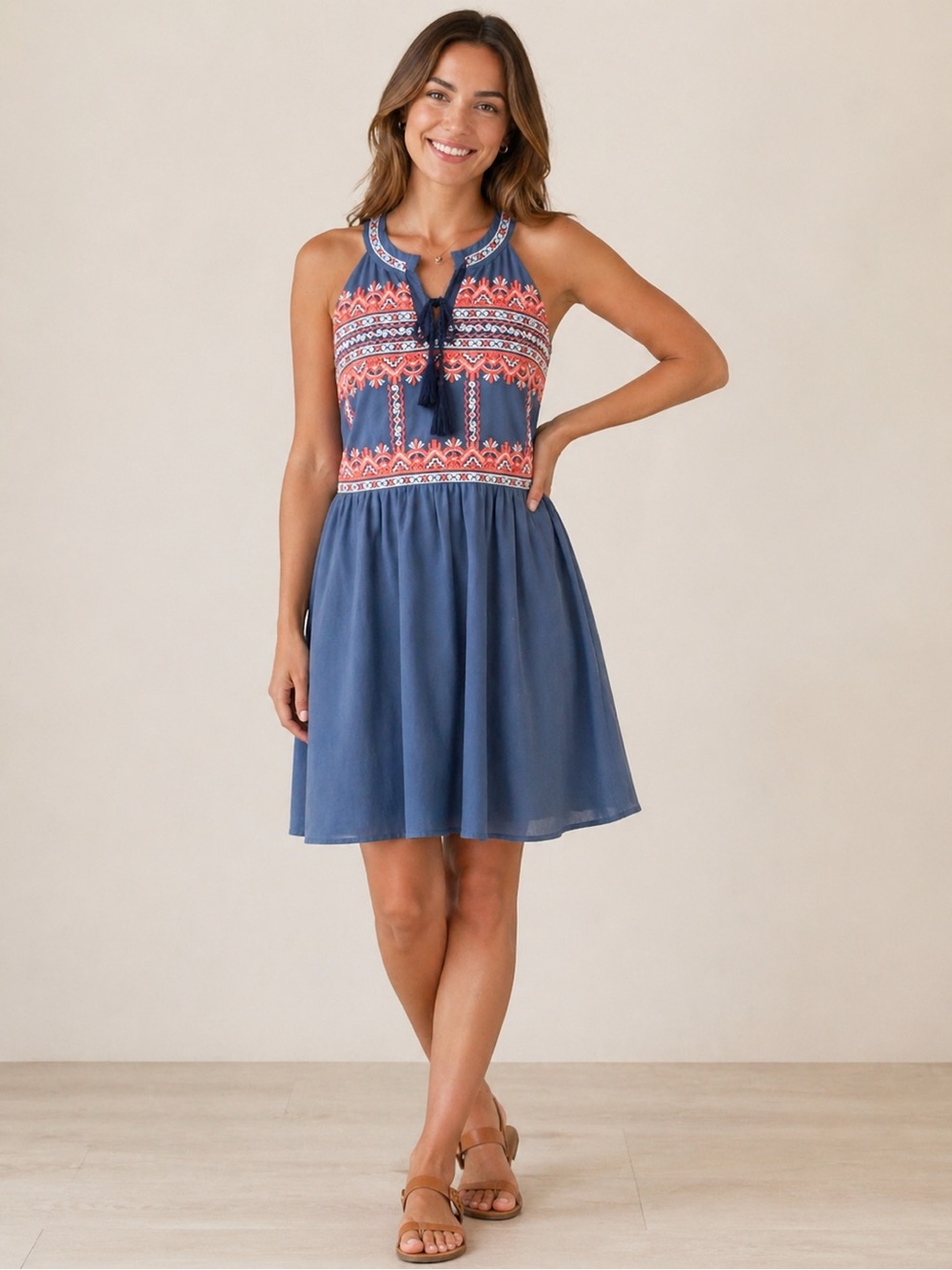 Baeve Embroidered Halter Dress Blue Boho Sleeveless
